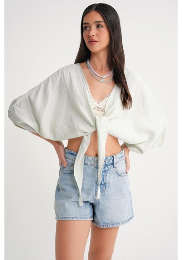 4723 Kadın Önü Bağlamalı Bolero Bluz Adaçayı Adaçayı