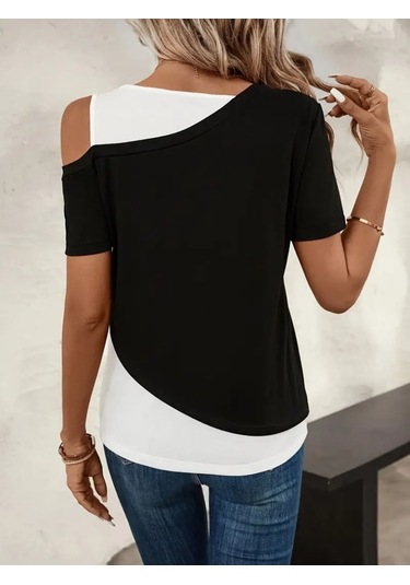 Ahes Shopping Kadın Kısa Kollu Geometrik Kesin Detaylı Çift Renkli Viskon Bluz Siyah