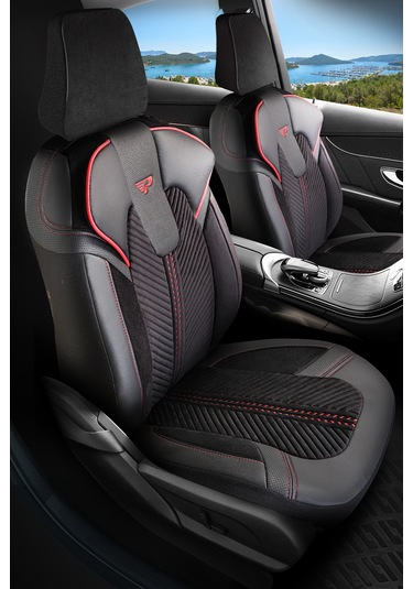 Siyah - Kırmızı Panda Monte Carlo Serisi Velor Kadife Kumaş Oto Koltuk Kılıfı - Tam Set