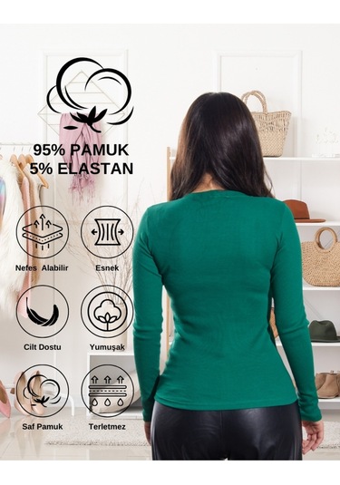 Pamuklu Kaşkorse V Yaka Body Sweatshirt, Fitilli Kumaş Likralı Bluz, Asker Yeşili Badi Çimen Yeşili