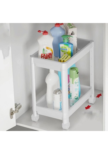 2 Katlı Tekerlekli Mutfak Tezgah Altı, Deterjanlık - Al4696 Beyaz