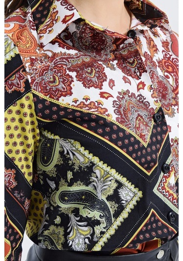 Kadın Siyah Modern Tarz Desenli Uzun Kollu Gömlek Siyah - Ekru