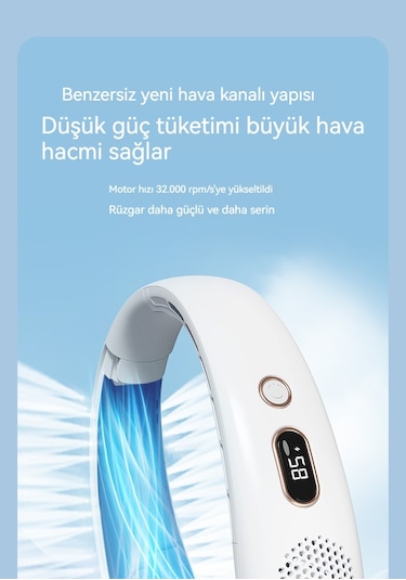 Relaxed Dijital Göstergeli Taşınabilir Küçük Usb Şarjı Yapraksız Asılı Boyun Fanı Beyaz 4000 Mah