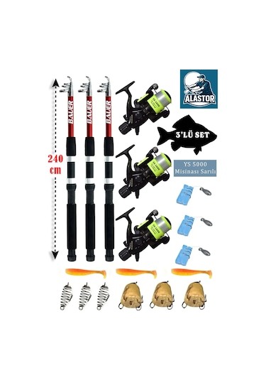 Sazan Hazır 3'lü Olta Takımı Hazır Göl Tatlı Su Olta Seti 3'erli Olta Seti Pegasus 240cm Sazan