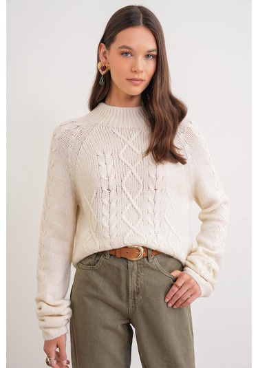 6855 Kadın Dik Yaka Saç Örgülü Triko Kazak Krem Krem