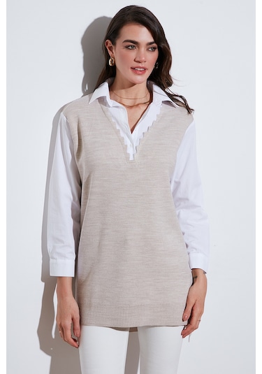 Lela Modest Standart Fit Gömlek Yaka Tesettür Triko Bayan Tunik 4612148 Bej