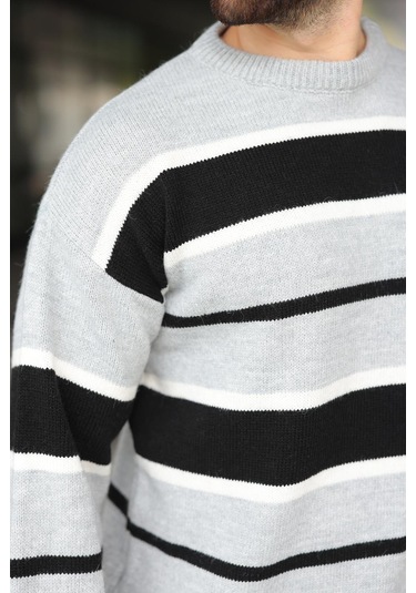 Gri Çizgili Bisiklet Yaka Triko Erkek Kazak E7455 Gri