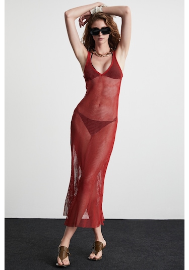 Deryn Kadın File Pamuklu Kumaşlı V Yakalı Eteği Kloş Plaj Giyimi Kiremit Rengi Elbise