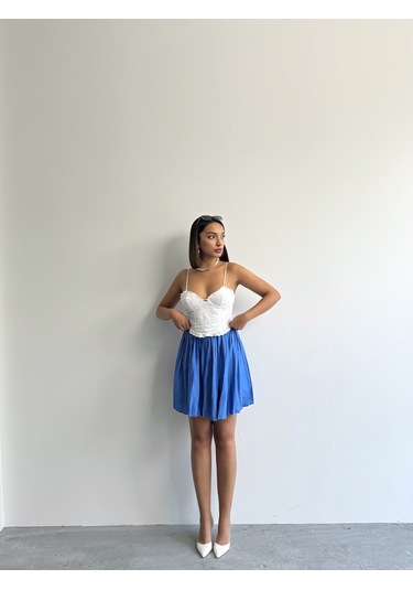 Kadın Modal Dokulu Piliseli Şortlu Mini Etek Mavi Kadın Modal Dokulu Piliseli Şortlu Mini Etek Mavi