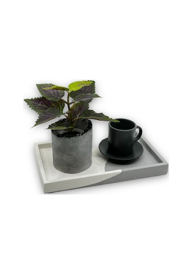 Beyaz Antrasit Tepsi Mermer Desen Görünümlü Beton Sunumluk Tepsi Dekoratif Organizer 15 Cm