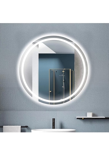 Nuun Dekor 70cm Beyaz Ledli Kumlamalı Yuvarlak Banyo Lavabo Ofis Makyaj Kuaför Aynası - Trafolu Beyaz