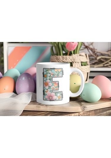 E Harfli Pastel Çiçek Desenli Kahve Kupası - Kişiye Özel Çiçekler Koleksiyonu Bardak - Hediye Beyaz