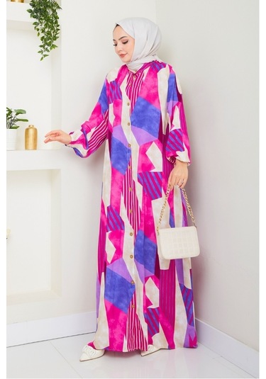 Milaz Boydan Düğmeli Dokuma Viskon Elbise 1501 - Fuşya Fuşya