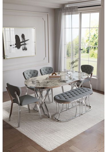 Mutfak Masası Takımı 6 Kişilik Masa Takımı Elma Avangarde Yemek Masa Takımı Benchli Beyaz Mermer Gümüş