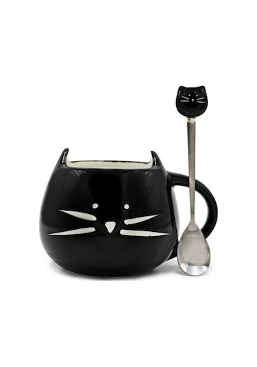 Seramik Sevimli Kedi Kupalar Kaşık Kahve Çay Süt Ile Hayvan Bardaklar Saplı 400 Ml Drinkware Güzel Hediyeler Kedi Kupa Kupa Kupa İle Kupa Siyah 07 Beyaz