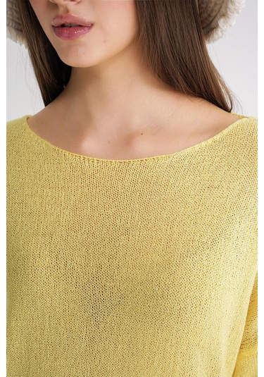 6933 Kadın Kayık Yaka İnce Mevsimlik Triko Kazak Sarı Sarı