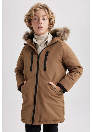 Defacto Erkek Çocuk Su İtici Çıkarılabilir Kürklü Kapüşonlu Pelüş Astar Kaban A2733A823CWBN315 Kahverengi