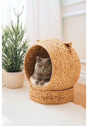 Evistro Dekoratif Kulaklı Minderli Hasır Kedi Köpek Yatağı Sepet