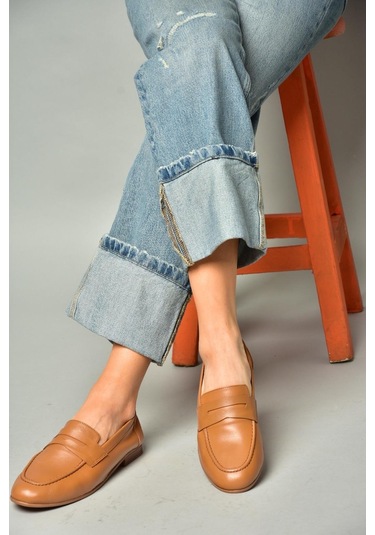 Fox Shoes S944007803 Taba Hakiki Deri Kadın Babet Taba