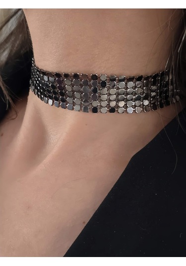 Arpa Pul Payet Zırh Metal Model Antrasit Choker Kolye Antrasit Çok Renkli