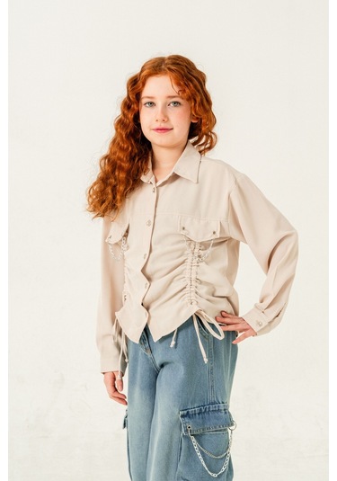 Kız Çocuk Önü Tünelli Cebi Zincirli Gömlek 3147 Bej