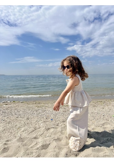 Paçaları Nakışlı Keten Kız Çocuk Takım Natürel Bej