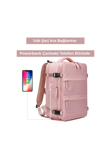Su Geçirmez 16" İnç 30l Ayakkabı Bölmeli Seyahat Sırt Çantası - Laptop Bölmeli, Usb Şarj Girişli Pembe