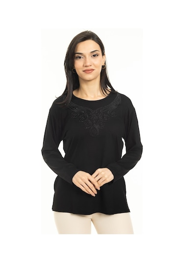 Kadın Orta Yaş Ve Üzeri Yeni Model Yuvarlak Yaka Likralı Anne Penye Bluz 30550-siyah
