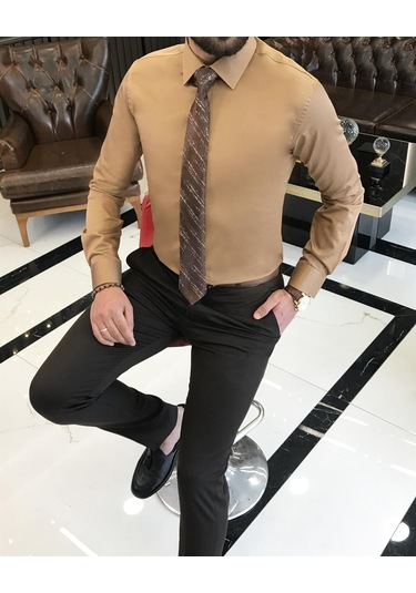 İtalyan Stil Slim Fit Saten Pamuk Erkek Kravat Yaka Gömlek Hardal T9429-hardal Hardal