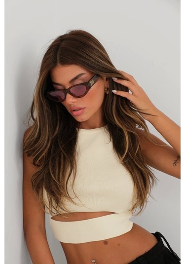 Pencere Detay Triko Bluz Ekru