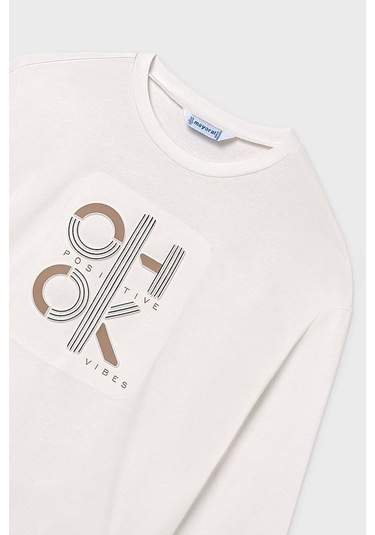 Unisex Çocuk Normal Kalıp Uzun Kollu Baskılı T-shirt - Krem YESIL