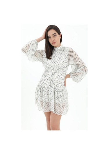 Büzgülü Puantiyeli Şifon Elbise - Ekru-ekru Ekru