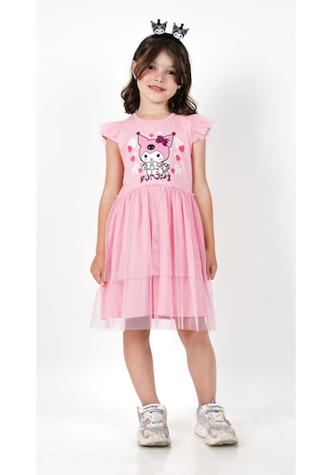 Kuromi Pembe Tül Detaylı Kısa Kollu Kız Çocuk Elbisesi Pembe