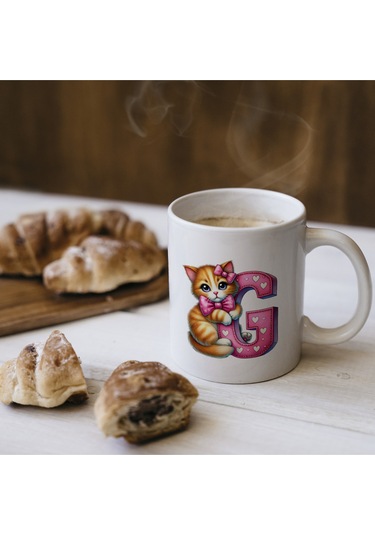 G Harfli Bardak, Sevimli Kedili Pembe Tasarım Bardak, Arkadaşa Aileye Hediye Porselen Beyaz