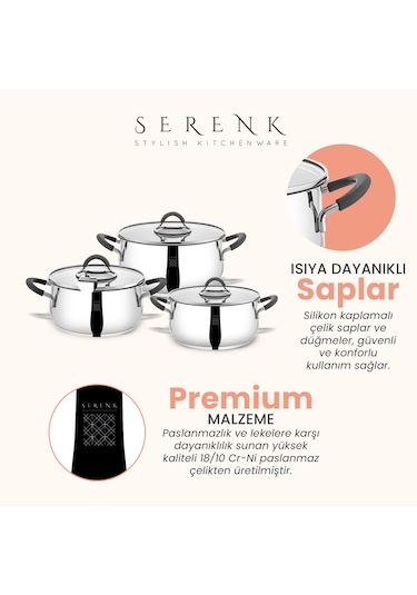 Serenk Modernist 6 Parça Çelik Tencere Seti, 18/10 Paslanmaz Çelik, 18-22-26 Cm