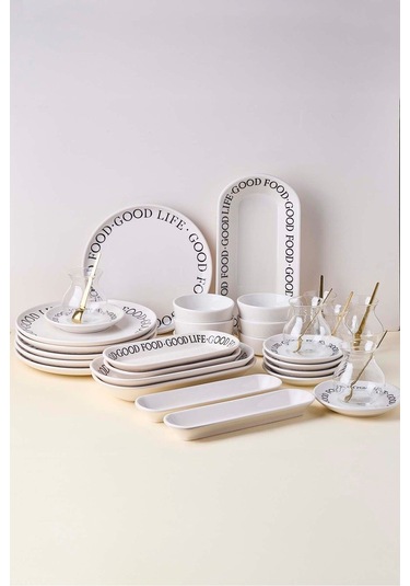 Good 37 Parça 6 Kişilik Stackable Kahvaltı Takımı Ve Sunum Seti Beyaz Beyaz