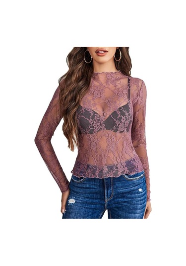 Kadın File Üst Uzun Kollu Balıkçı Yaka Şeffaf Bluz Şeffaf Çiçek Dantel Üstler Mor