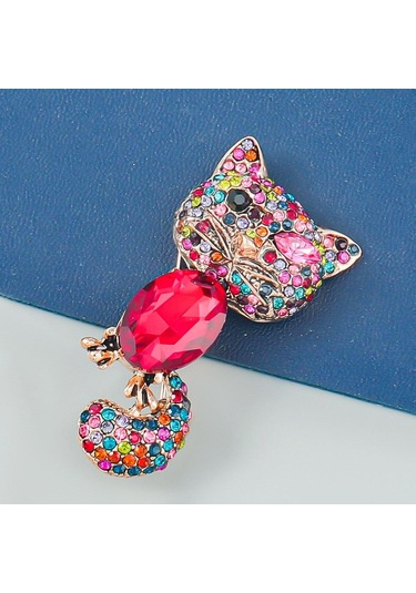 Blucome Rhinestone Ve Kristal Göz Kırpan Kedi Broş Vintage Hayvan Pin Mevcut Kış Moda Takı Yeni Yıl 2023 Kırmızı