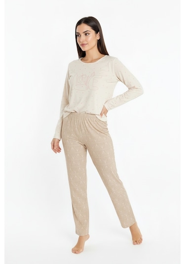 Üstü Love Yazılı Altı Desenli Elite Viscose Uzun Pijama Takımı Krem 3562 Krem