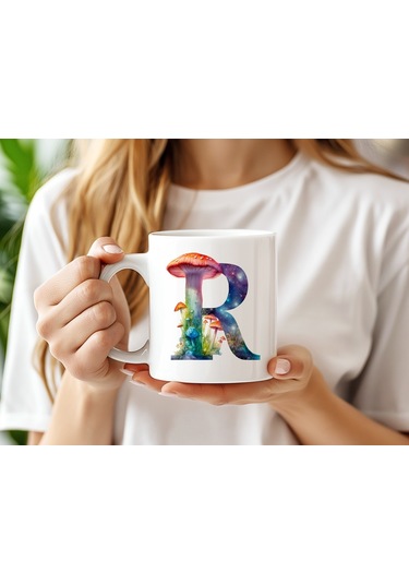 R Baş Harfi Fantastik Mantarlı Kupa Bardak - Kişiye Özel Masalsı Bardak - Hediye Beyaz
