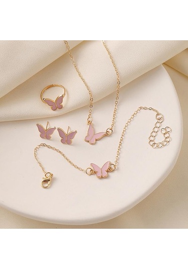 1set Moda Zarif Basit Çok Yönlü Kelebek Kolye Bilezik Küpe Yüzük Kadınlar Kızlar Düğün Partisi Takı Seti Hediye Kırmızı