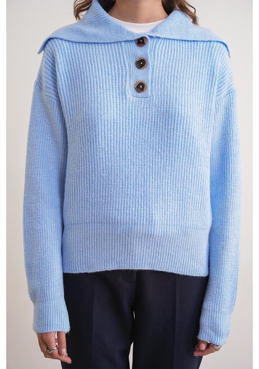 6900 Kadın Düğmeli Devrik Yaka Triko Kazak Bebe Mavi Bebe Mavi