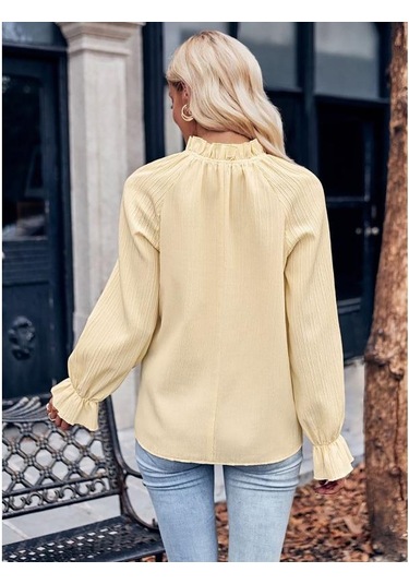 İlkbahar Ve Sonbahar Kadın Bluz Fırfırlı Yaka Jakarlı Gevşek Mizaç Banliyö Uzun Kollu Üst Yeşil İlkbahar Ve Sonbahar Kadın Bluz Fırfırlı Yaka Jakarlı Gevşek Mizaç Banliyö Uzun Kollu Üst Yeşil