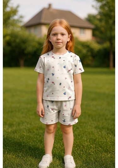 Kız Çocuk %100 Pamuklu Kuş Desenli Şortlu Takım 3-4 Yaş 8-9 Yaş Beyaz