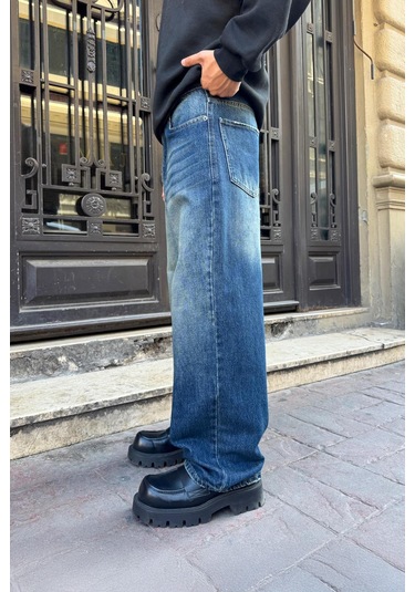 Flaw Yıkamalı Çizgili Baggy Jean Mavi Mavi