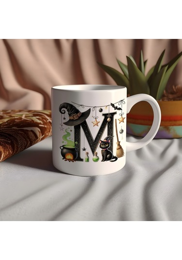 M Harfli Halloween Kedili Figür Kupa Bardak - Şapkalı Ve Kazanlı İsme Özel Kupa - Hediye 07 Beyaz
