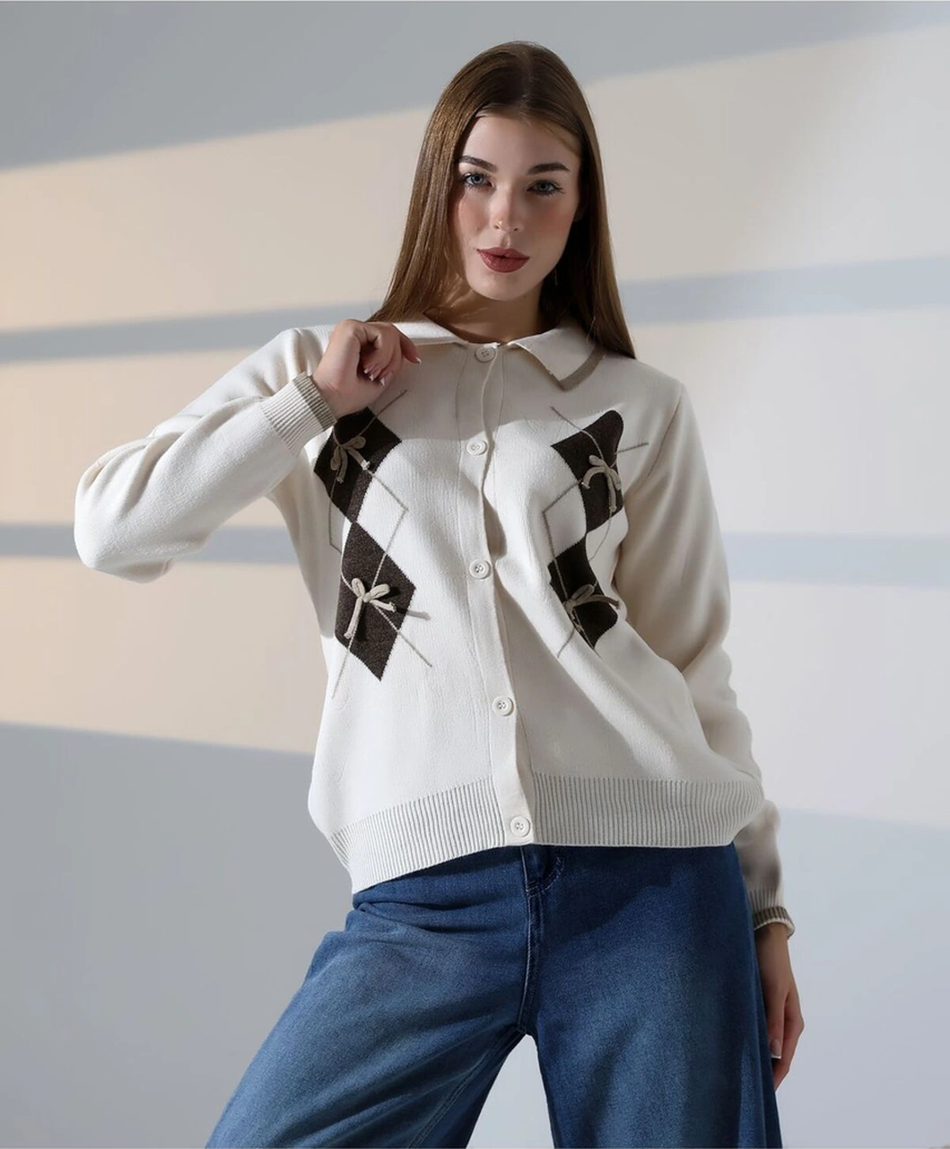 Baklava Desen Polo Yaka Kadın Kazak Taş