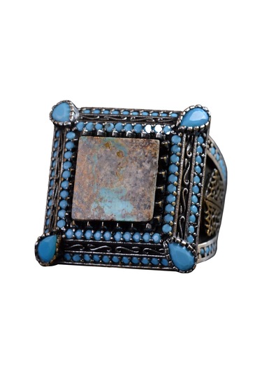 Doğal Turkuaz Taş Yüzük, Kare Tasarım - 925 Ayar Gümüş Erkek Yüzüğü, El Yapımı Şıklık Gümüş