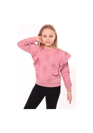 Kız Çocuk Regular Fit Bisiklet Yaka Fırfırlı Baskılı Sweatshirt - 2 İplik Gülkurusu