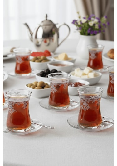 Florale Model Desenli Şeffaf Cam Çay Seti 12 Parça Çay Takımı Şeffaf